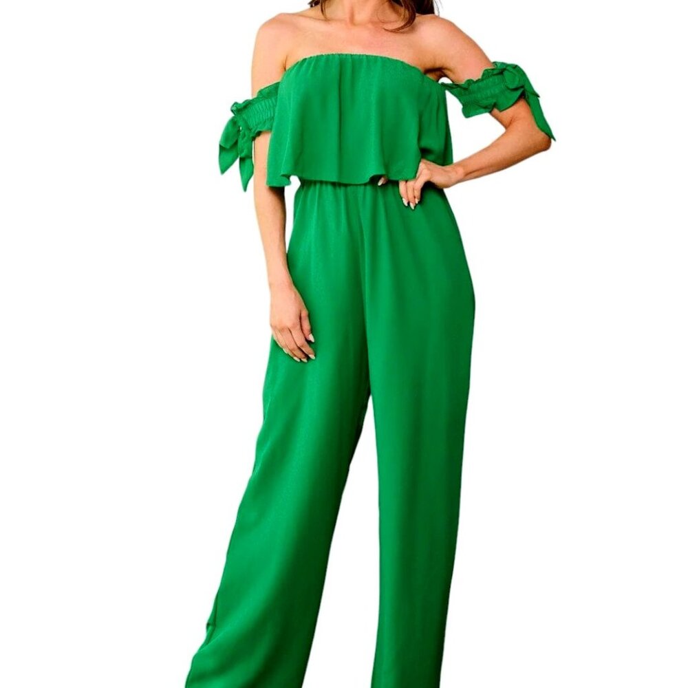 Women`s Off Shoulder Ruffle Wide Leg Jumpsuit, KellyGreen, Small-XLarge